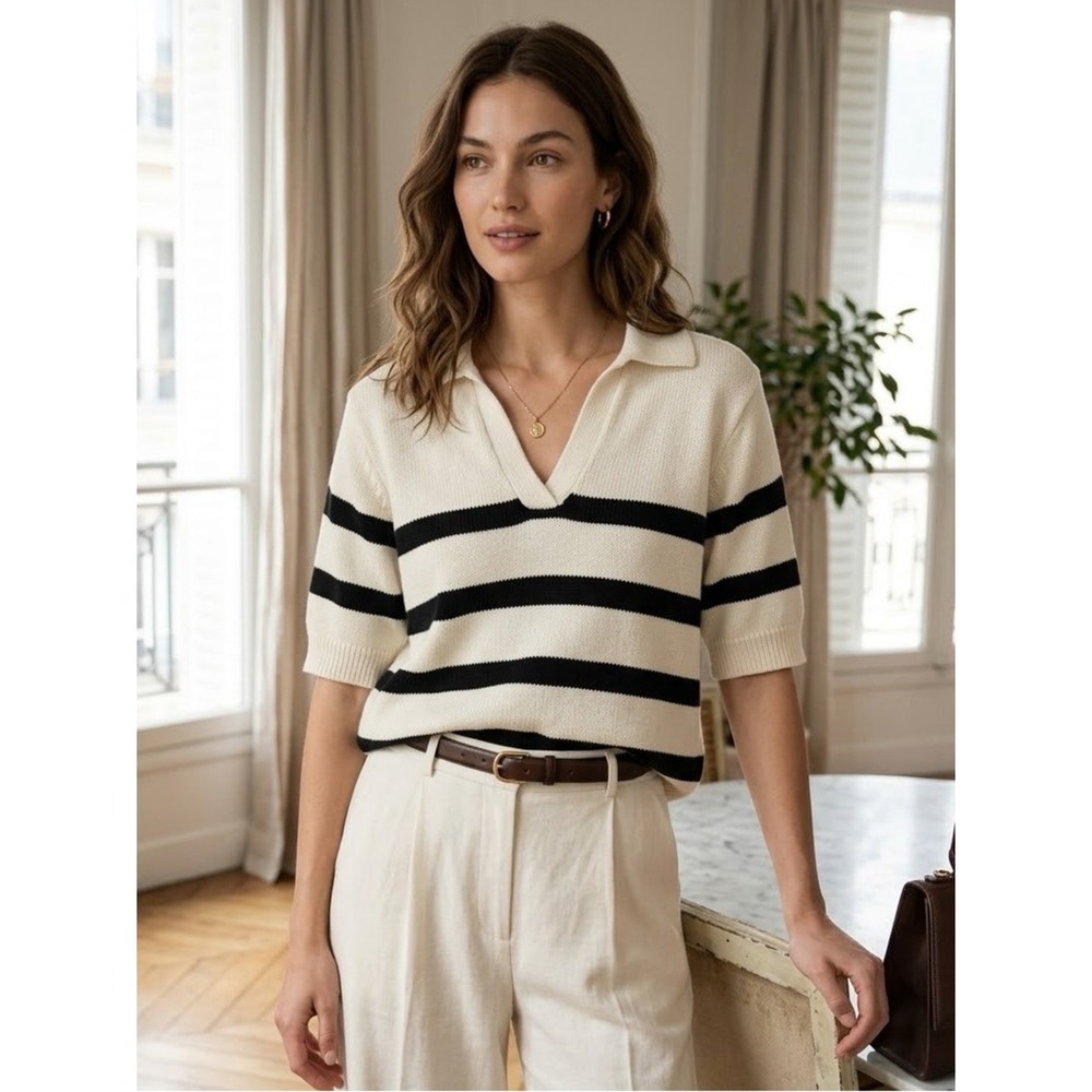 Sanctuary Cream Black Striped Open Collar Knit Sweater Polo M Preppy Elevated